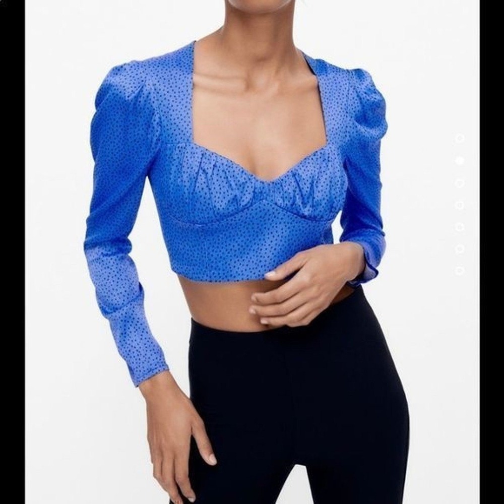 Zara Blue Black Polka Dot Cropped Sweetheart Top Medium Festival Fairy Dainty